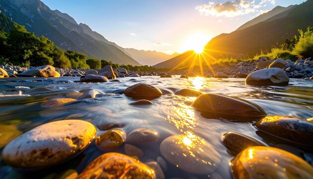 Mountain river flows over colorful rocks, sunlight reflecting off its surface during sunset, with lush green vegetation and mountain backdrop - Powered by Adobe