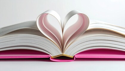 Open book's pages curved into heart shape atop a pink cover, close-up against soft white backdrop, symbolizing love for reading/knowledge