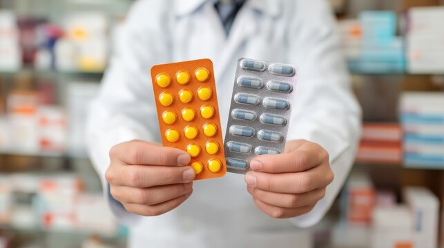 A pharmacist holds two packs of medication, showcasing different types of pills in a pharmacy setting.