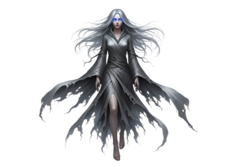 A figure in flowing, tattered gray attire, with striking blue eyes, stands against a stark black background.