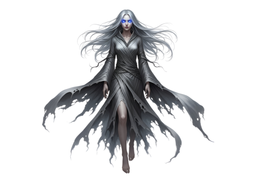 A figure in flowing, tattered gray attire, with striking blue eyes, stands against a stark black background.