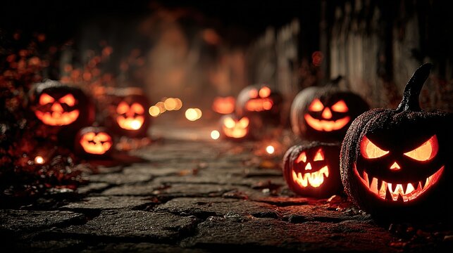 Carved pumpkins with spooky faces illuminate a dark stone path in autumn.