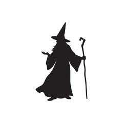  Mystical Wizard Silhouette with Pointed Hat, Staff, and Crystal Ball. 