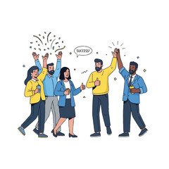 Diverse team celebrating success with high-fives, thumbs-up, and confetti, showing teamwork and achievement in a business setting.