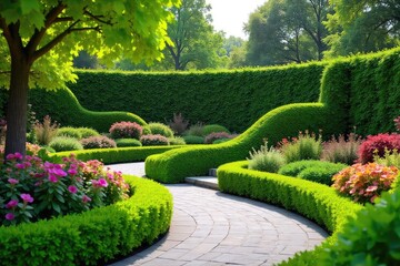 Obraz premium A vibrant, modern garden design featuring sculpted hedges, flowing curves, and a carefully chosen palette of plants creating a stunning landscape artwork , modern garden, outdoor art, beauty