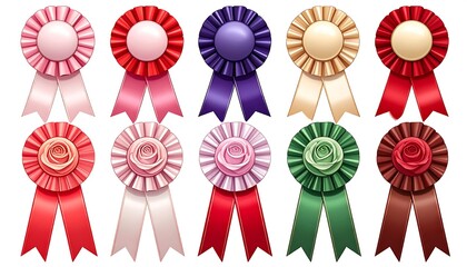 Ten vibrant, colorful rosettes with cascading ribbons, in various shades and styles, set against a white background