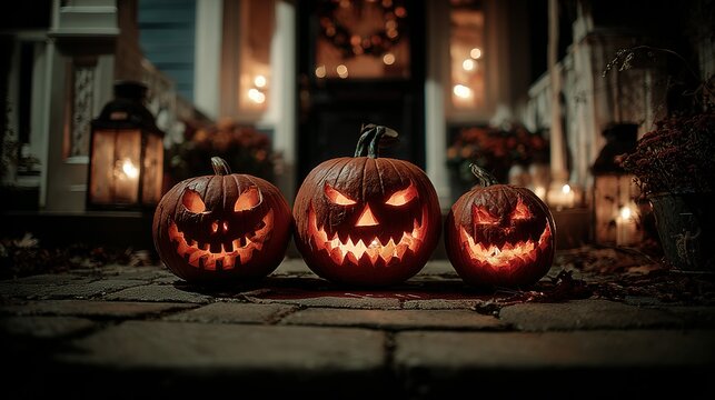 Three carved pumpkins sit on a porch decorated for Halloween night.