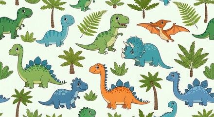 A vibrant and playful pattern featuring various cartoon dinosaurs and tropical plants