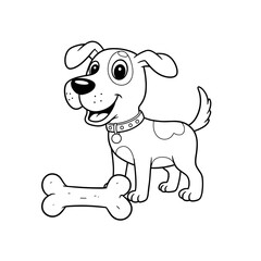 A cheerful cartoon dog with floppy ears and a wagging tail stands beside a big bone, smiling with its tongue out.