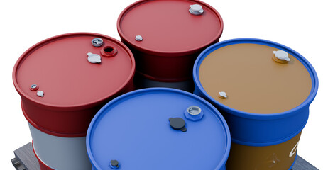 3D rendering of red, blue, and yellow industrial barrels on a pallet, top view, representing oil drums and chemical storage containers.