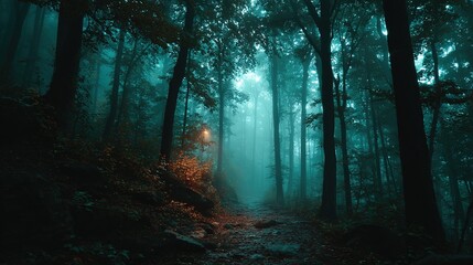 Fototapeta premium Misty forest scene with trees and a path leading into the distance.