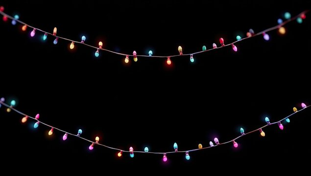 Two strands of colorful Christmas lights against a black background - Powered by Adobe