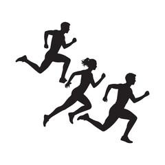 Silhouettes of athletes running in dynamic action poses. 