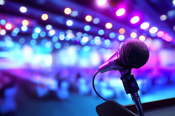 Obraz premium Microphone on Stand with Vibrant Bokeh Lights Backdrop, motion blur Business concept, motion bokeh background