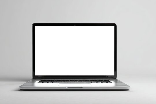 Front view of a laptop computer with a blank white screen.  Gray metal body.  Simple, modern design