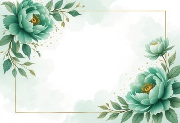 Romantic Watercolor Invitation Border with Emerald Green Peonies and Delicate Gold Leaf Details.