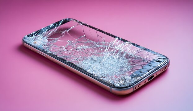 Cracked Smartphone on Pink Background