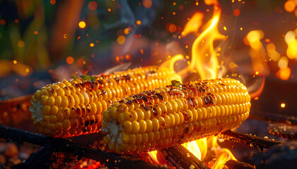 Two ears of corn roasting over an open fire with flames and glowing embers.