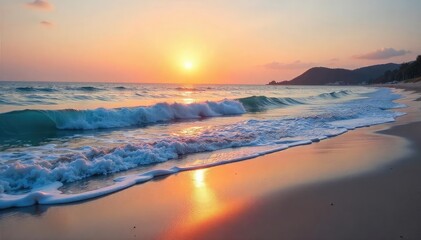 Obraz premium Tranquil Dawn Beach Scene Gentle Waves, Soft Light, Calming Ocean Soundscape - Perfect for Relaxation and Meditation