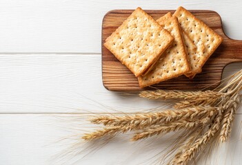 Stacked crackers on a wooden board with wheat sprigs