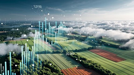 Aerial view of agricultural fields with data visualizations overlaying, showcasing a blend of nature and technology.