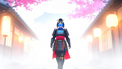 サイバーパンク侍、近未来の武士、桜と提灯の街並み、幻想的な日本、ライトアップされた通り、和風とSFの融合、デジタルアートの日本風景