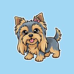 Naklejka premium Cute Yorkie dog with bow standing on blue background 