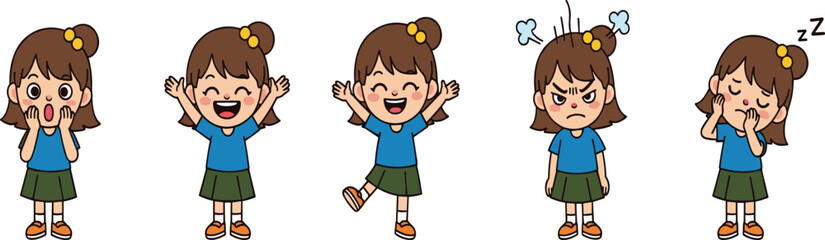 Cute cartoon girl character emotions set, happy, angry, surprised, sleeping, children expressions, adorable kids illustration, emotional reaction poses, school girl drawing