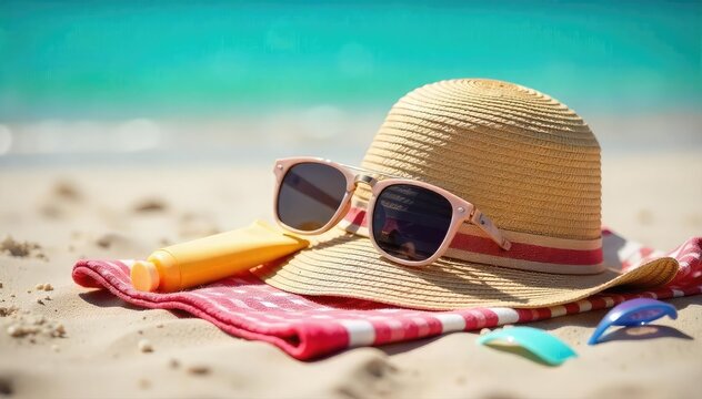 A sunhat rests on a beach towel next to sunglasses and sunscreen, with a refreshing drink nearby, embodying summer safety and relaxation Enjoy the sun responsibly!, health, towel, beach