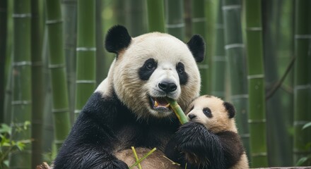Obraz premium Panda mother and cub eating bamboo
