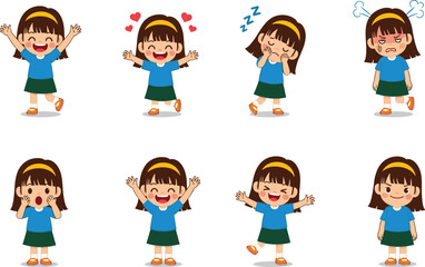 Cute cartoon girl emotions, happy smiling, angry expression, surprised reaction, sleeping child, love emotion, emotional kids character, school girl, feelings illustration