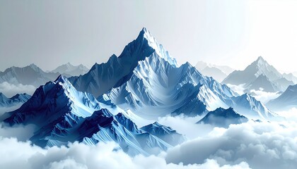 Majestic, snow-covered mountain peaks rise above a sea of swirling clouds, creating a serene and awe-inspiring natural landscape