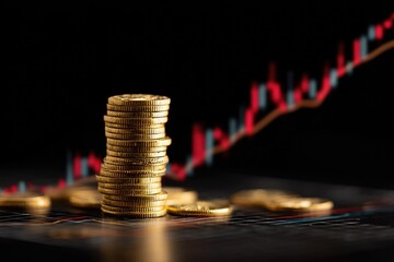 Stacked gold coins against a chart