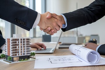 Housing development and investment business - businessmen handshake after agreement of apartment building construction. banner copy space