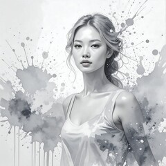 Monochrome portrait of a woman, watercolor splashes
