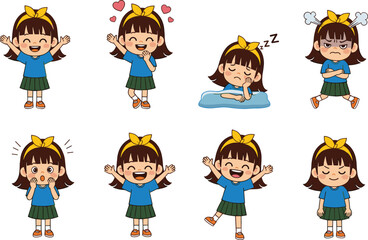 Cute cartoon girl emotions, happy smiling, angry face, surprised reaction, sleeping child, love expression, emotional character illustration, kids feelings, school girl