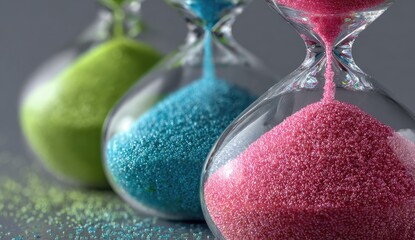 Close-up of three sand timers with different colored sand