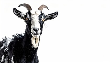 Fototapeta premium A black and white goat with curved horns stares forward, set against a stark white background. The animal's expression seems faintly amused