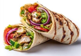 Two halves of a flavorful wrap.  Grilled chicken, fresh vegetables, and herbs are nestled inside a golden-brown pita-like bread.  Close-up, bright white background