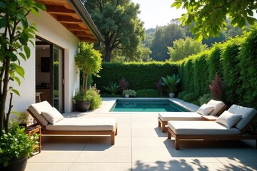 A sun-drenched patio with lush greenery, a sparkling pool, and comfortable outdoor furniture, embodying a serene and luxurious lifestyle , outdoor living, summer, design