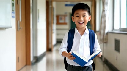 Smiling Young Asian Schoolboy Walking with Book in Hallway. Children's Education concept. - Powered by Adobe