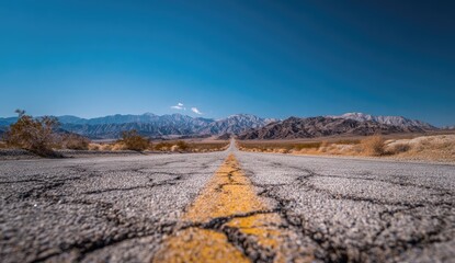 Empty road stretches into a mountain range