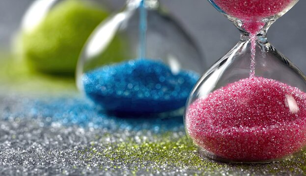 Colorful hourglasses with flowing sand
