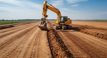 Heavy-duty excavator digging trenches in a vast, sun-drenched construction site under a clear blue sky
