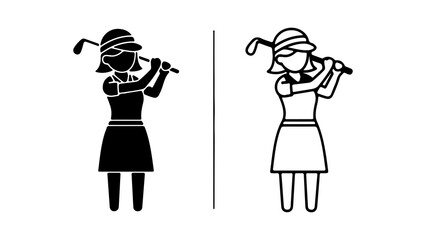 Woman golfer icon set in glyph and outline style.