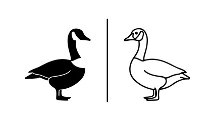 Two contrasting images of a Canada goose one in black and one in white side by side.