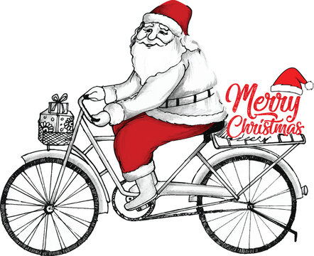 Santa Claus Riding Bicycle with Merry Christmas Typography