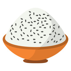 A close-up of a bowl filled with white rice sprinkled with black sesame seeds