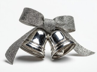 Two silver bells tied with a gray glitter ribbon