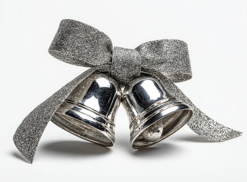 Two silver bells tied with a gray glitter ribbon - Powered by Adobe